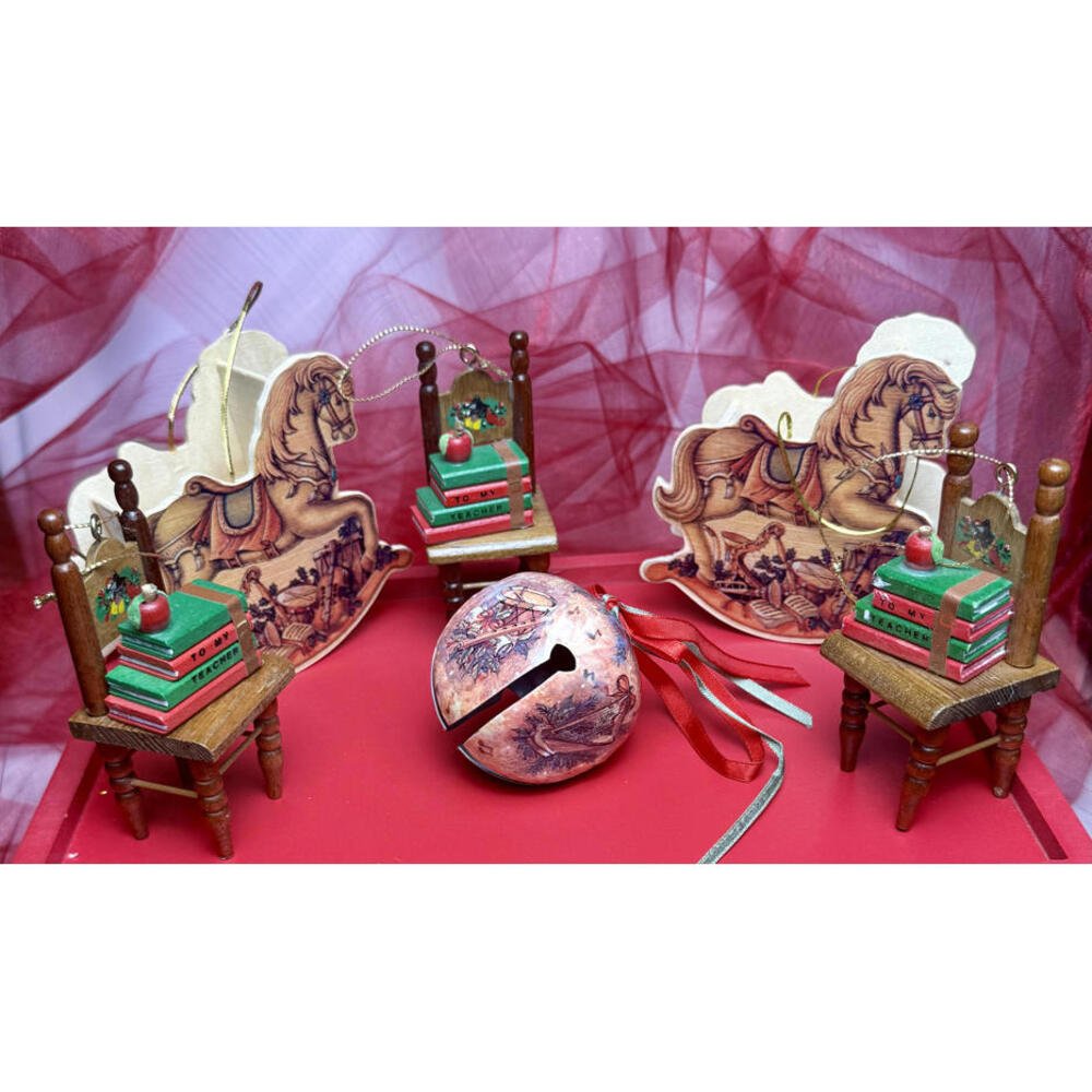 Vintage Holiday Set - Wood Rocking Horse, Mini Chairs with Books, and Bell